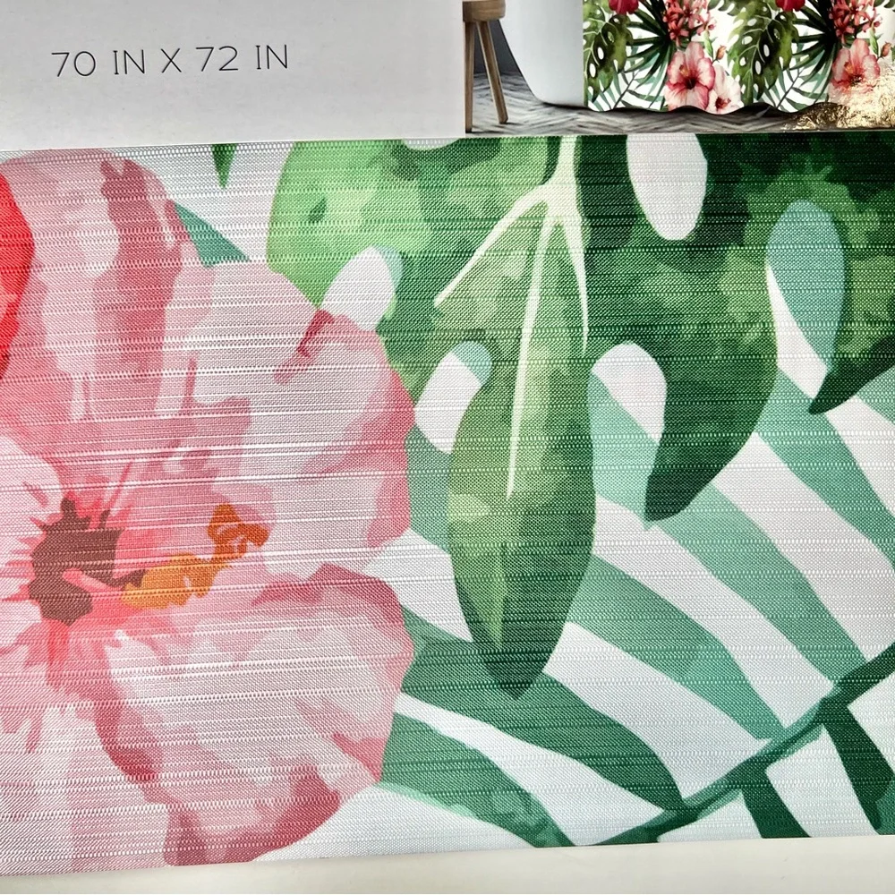 Hibiscus & Bird of Paradise Flowers Green Tropical Leaves Fabric Shower Curtain